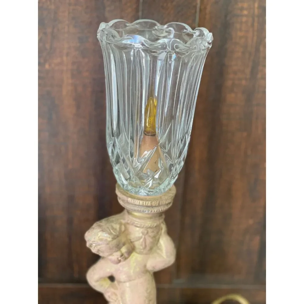 Vintage Cherub Table Lamp with Cut Glass Hurricane Shade |  Accent Light
